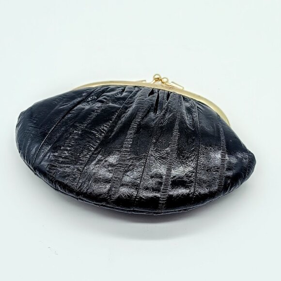 Vintage Black Eel Skin Leather Coin Purse Kiss Lock Clutch - Picture 3 of 8